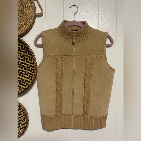 Planet & Company Size Small Tan Brown Leather Knit Zip Front Sweater Vest - Picture 1 of 3